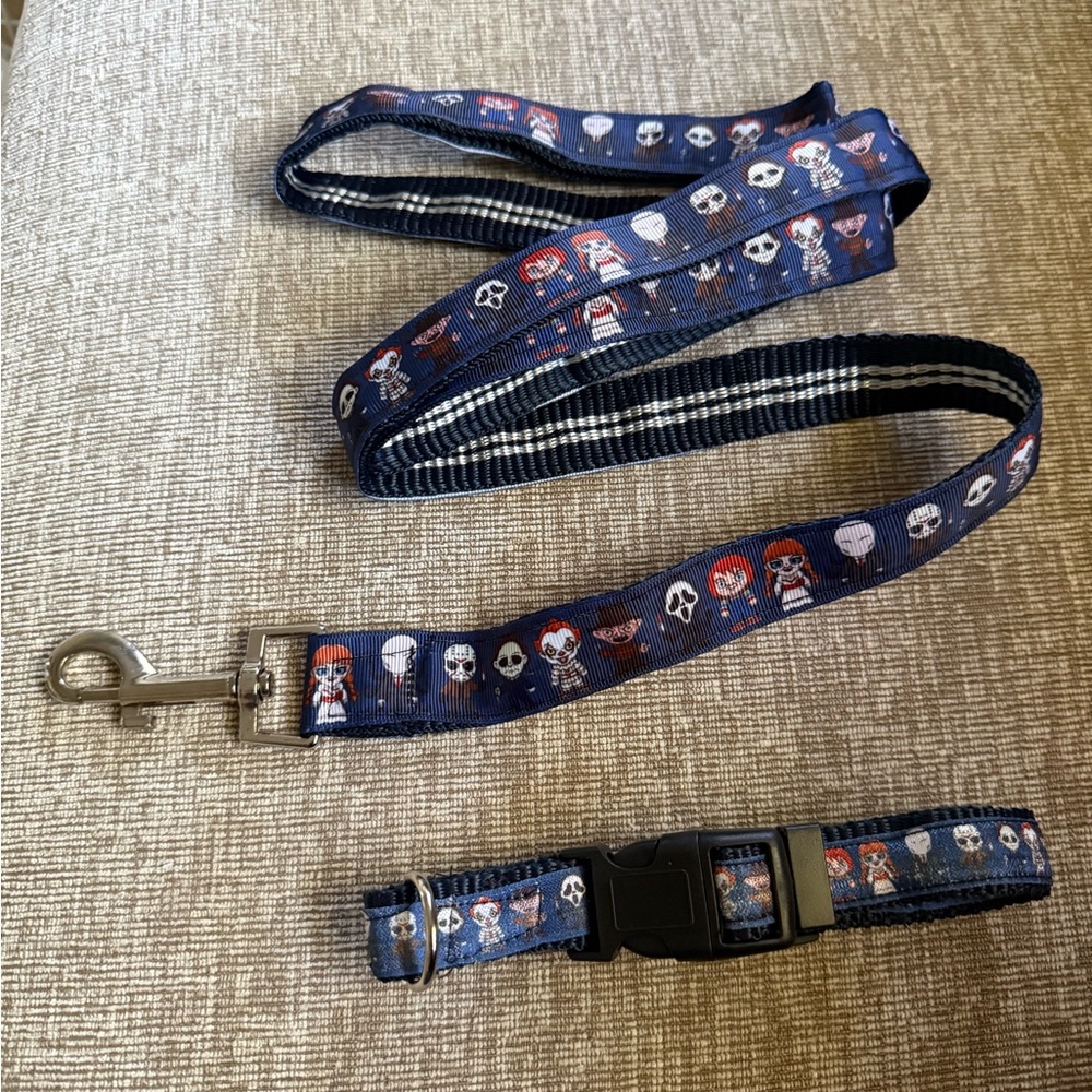 Horror slasher blue 80s medium striped satin logo leash collar  dog set 2pc